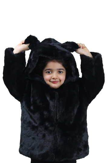 Black Faux Fur Hooded Jacket with Bear Ears