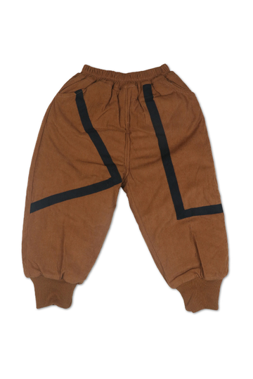 Trendy Brown Joggers with Black Geometric Design and Fleece Lining