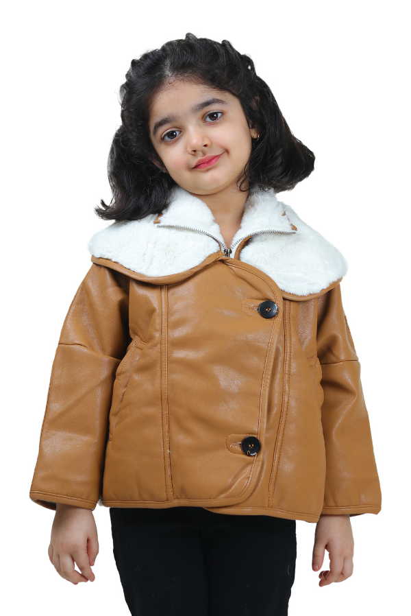 Tan Leather Jacket with Cozy White Faux Fur Collar