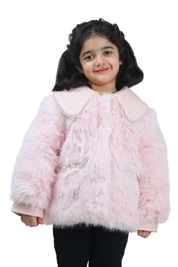 Luxurious Pink Faux Fur Jacket with Pearl Accents