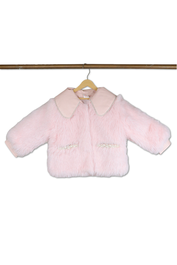 Luxurious Pink Faux Fur Jacket with Pearl Accents