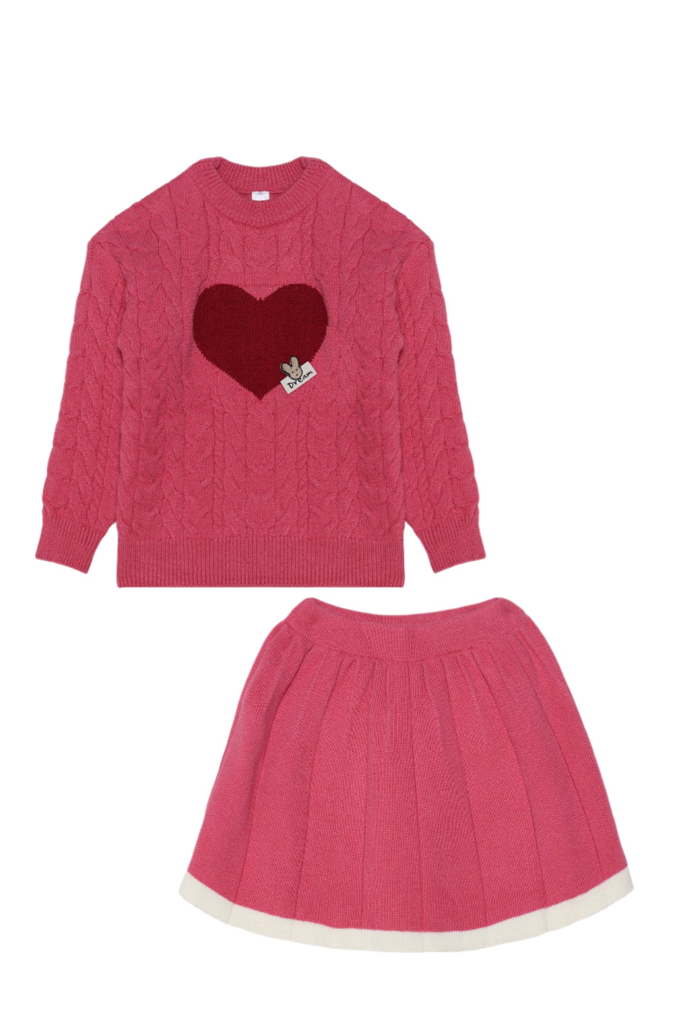 Adorable Pink Knitted Sweater and Skirt Set with Heart Detail