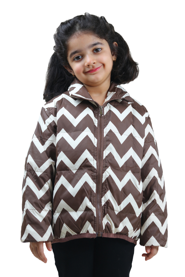 Unisex Zig Zag Print Puffer Jacket - Brown & Ivory