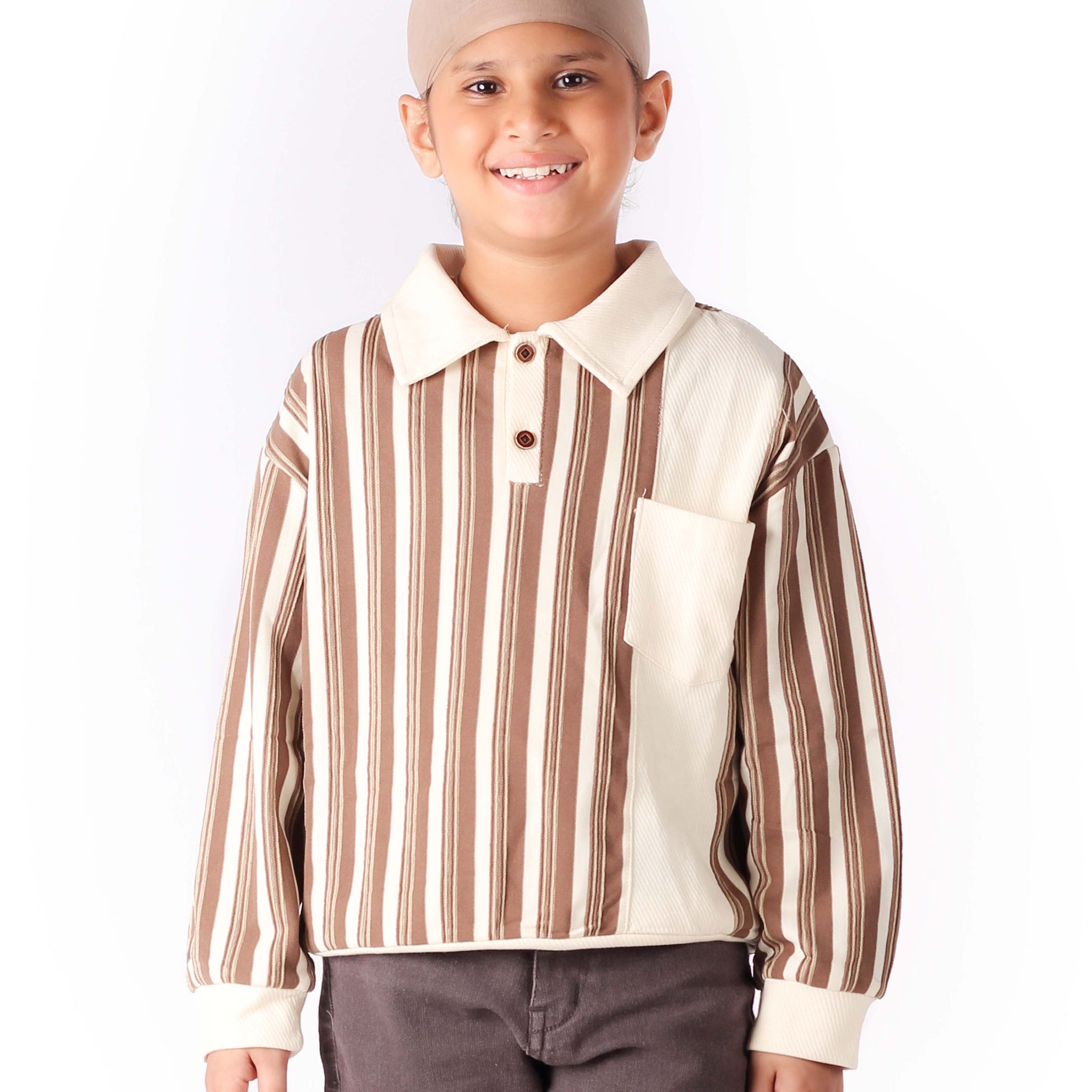 Brown Striped Collared Shirt with Pocket